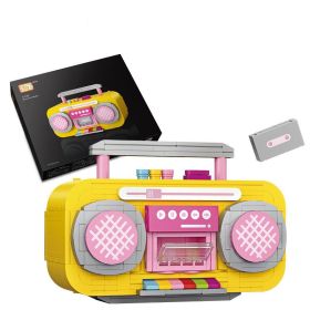 Small Particle Building Blocks Pink Mini Tape Recorder Model Inserting Building Blocks (Color: Yellow)