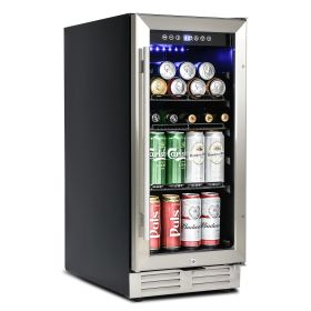 Built-in and Freestanding 15" Mini Beverage Refrigerator/Wine Cabinet, 120 Cans, 34-65¬∞F, Quiet, Adjustable Shelves, LED Lighting, ETL , Touch Contro (Material: Stainless Steel)