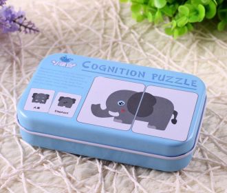 Children's Literacy Cognitive Card Baby Iron Box Puzzle Reading Card Toys (Color: Blue)